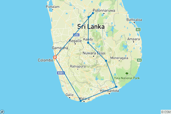 Carte du circuit 7 jours au Sri Lanka en solo pour les femmes : culture, collines et plage