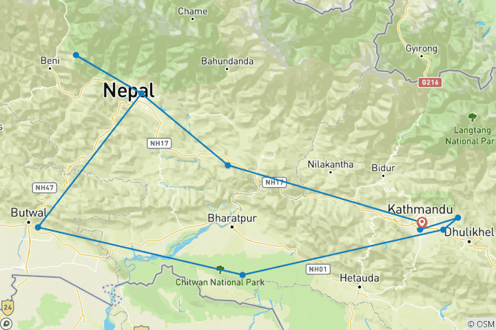Carte du circuit 13 jours d'aventure au Népal : Randonnée dans l'Himalaya, rafting, faune et culture