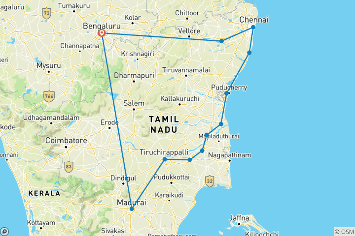 Kaart van Bangalore naar de tempels in Zuid-India