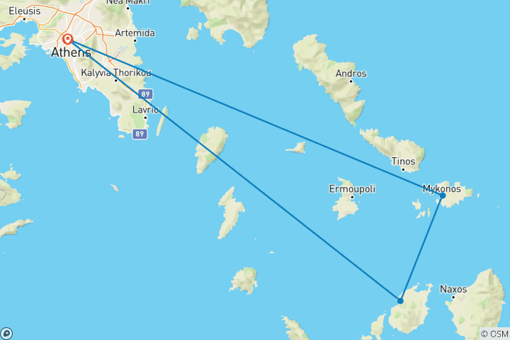 Karte von Mykonos & Paros: 5 Tage Abenteuer auf den griechischen Inseln