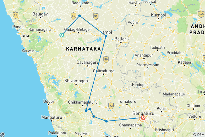 Karte von Von Hubli nach Badami inkl. Hampi, Belur, Halebedu & Bangalore Rundreise