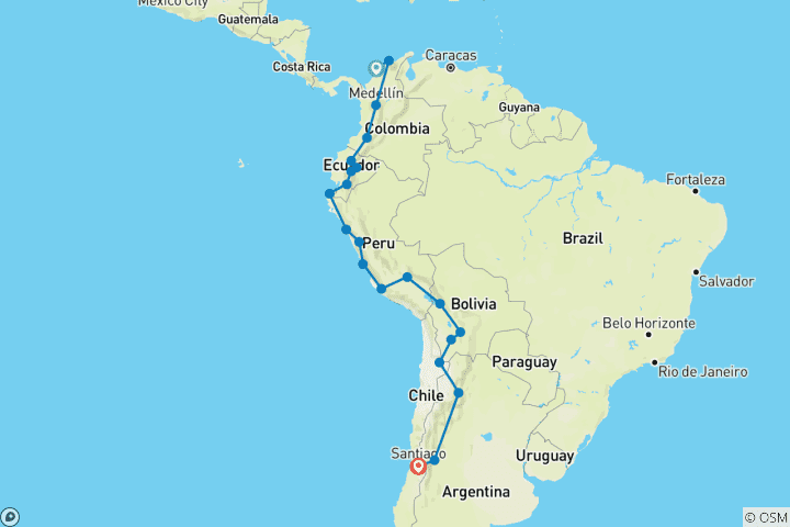 Map of Cartagena to Santiago Group Overland Tour