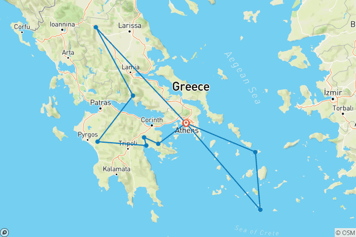 Map of 13-Day Group Greece Adventure: Ancient Wonders, Santorini & Mykonos