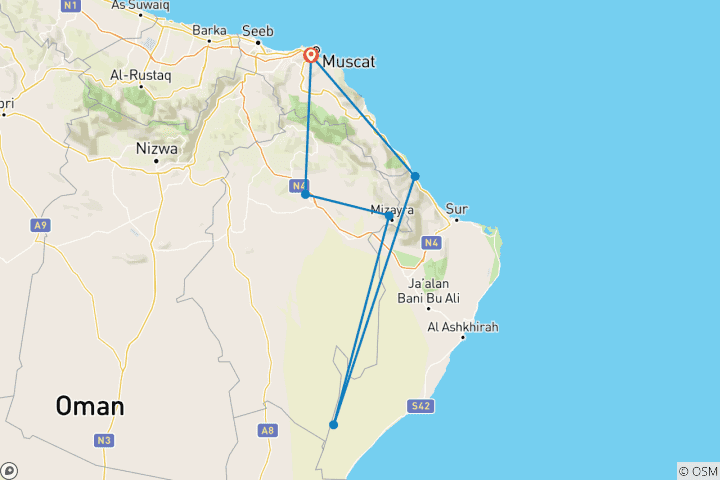 Mapa de Omán: circuito de costa al desierto - 4 días