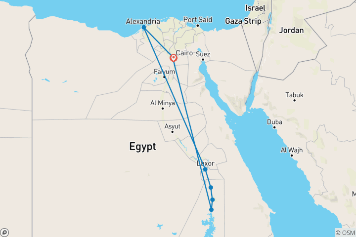 Mapa de Paquete 7 días 6-noches pirámides de El Cairo, crucero por el NiloyAlejandría en tren nocturno