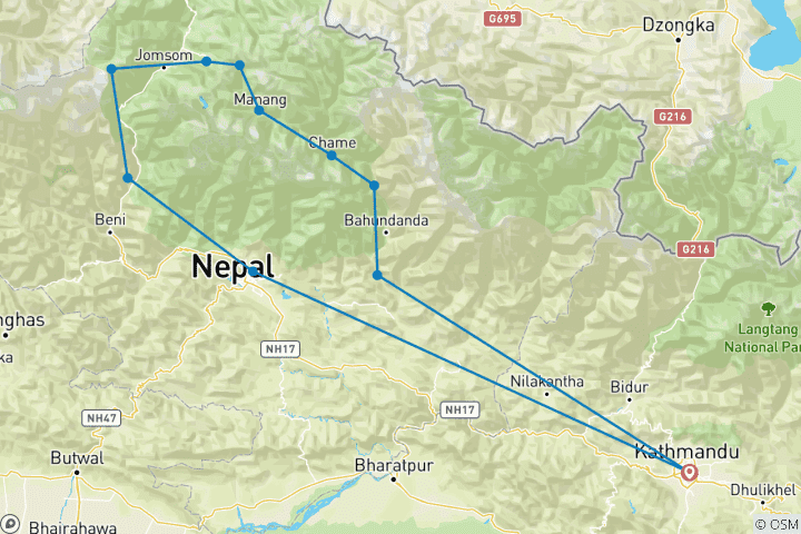 Karte von Mountainbiking Annapurna-Rundfahrt - 14 Tage