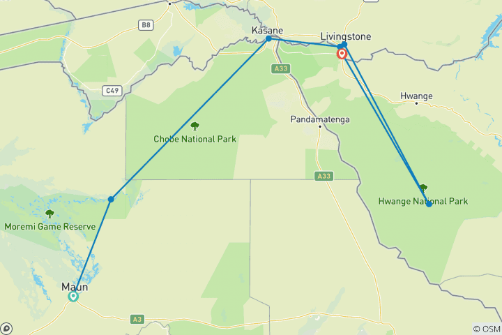 Carte du circuit 10 jours de safari de luxe sur la rivière Khwai, les chutes Victoria et Hwange
