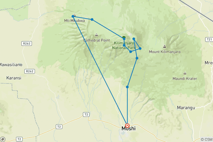 Mapa de 8 Días Ruta Lemosho | Escalada al Kilimanjaro
