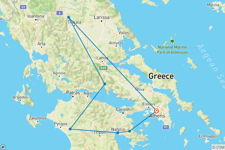 Carte du circuit Athènes, Epidaure, Mycènes, Olympie, Delphes et Météores, Circuit classique de 8 jours en Grèce