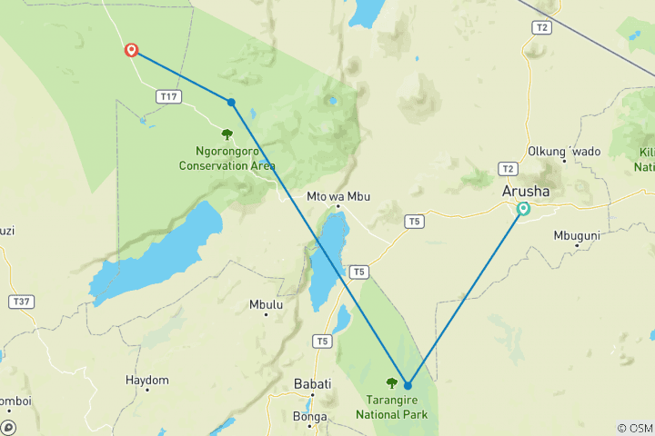 Carte du circuit 8 jours de safari dans le Tarangire, le Ngorongoro et le Serengeti.