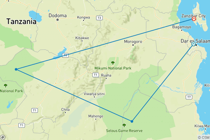 Map of 10-Day Tanzania Safari & Beach Tour to Selous, Ruaha & Zanzibar.
