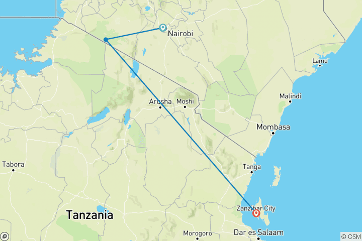 Mapa de 10 días: Safari Migración Masai Mara en Kenia y vacaciones en la playa de Zanzíbar