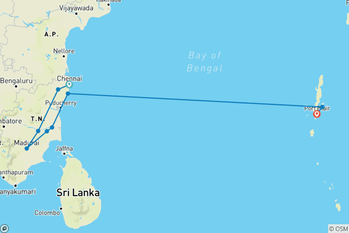 Carte du circuit Merveilles culturelles du Tamil Nadu et plages des îles Andaman