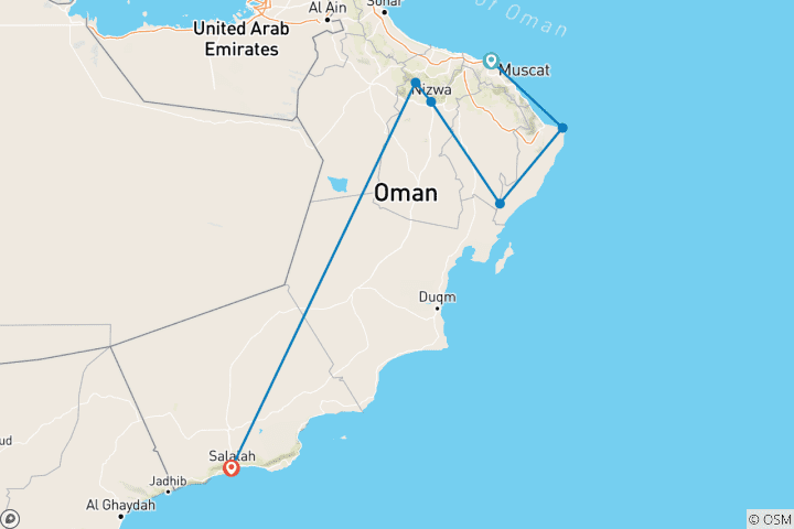 Carte du circuit SULTANAT D'OMAN CLASSIQUE - Circuit en groupe à Mascate, Ras Al Had, Wahiba, Nizwa, Jebel Shams et Salalah