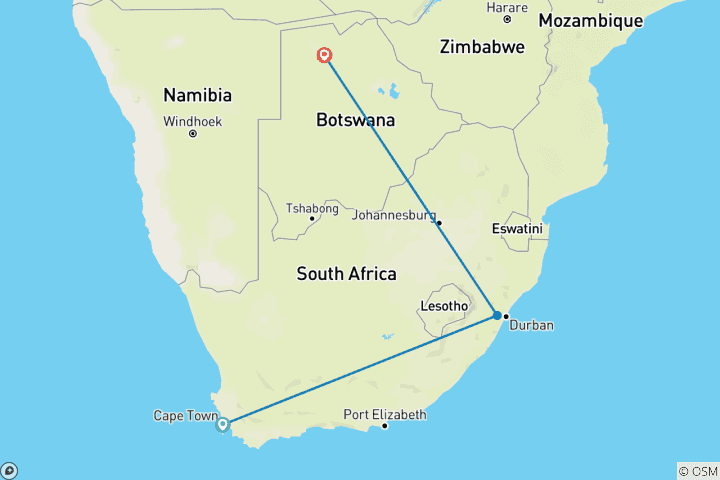 Map of 13-Days: Cape Town, Kruger Park. Victoria Falls & Botswana Tour.