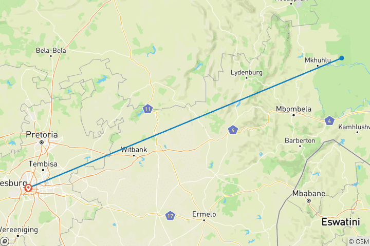 Carte du circuit Safari sur mesure dans le parc national Kruger, départ quotidien et visite privée