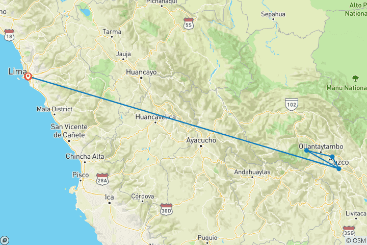 Carte du circuit Pérou : Lima, Cusco, Vallée Sacrée et Machu Picchu - 5 jours