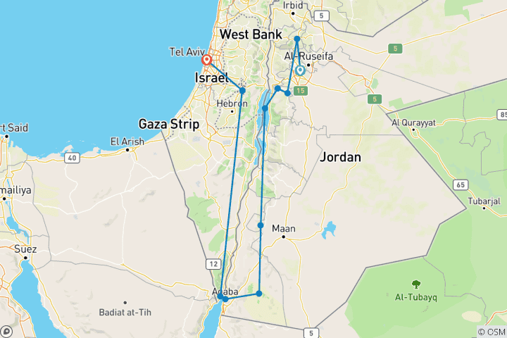 Mapa de Circuitos personalizados de 8 días por Jordania e Israel con Wadi Rum, salida diaria y chófer privado