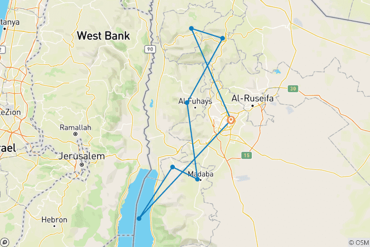 Kaart van 4 Daagse Aangepaste Jordanië rondreis met kwaliteitshotels, dagelijks vertrek & privéchauffeur