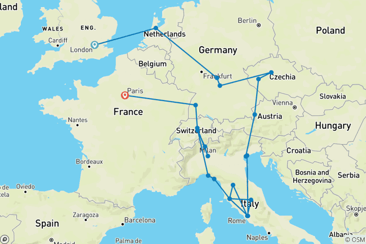 Kaart van Europese Ontdekkingsreis (Kleine Groepen, Zomer, Start Londen, Eind Parijs, 17 dagen)