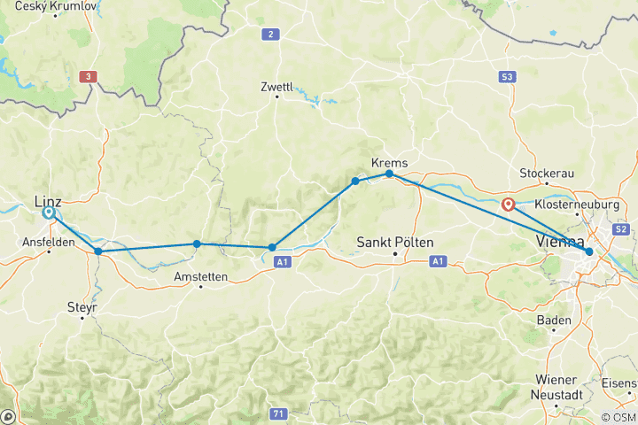 Mapa de Carril bici del Danubio para familias, Linz - Viena