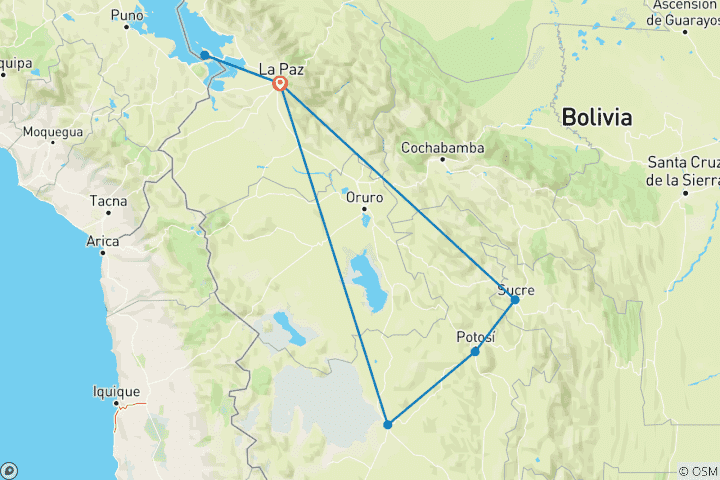 Mapa de El mejor viaje a Bolivia en 10 días, hecho a medida, con hoteles de calidad, salida diaria y guía privado