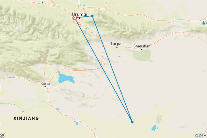 Karte von Himmlischer See, Thermalquelle in Gurbantunggut Wüste und Turpan (ab Urumqi)