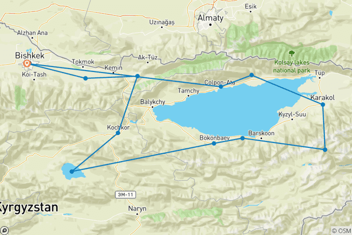 Carte du circuit Circuit sur mesure de 10 jours au Kirghizistan, voiture privée et départ quotidien