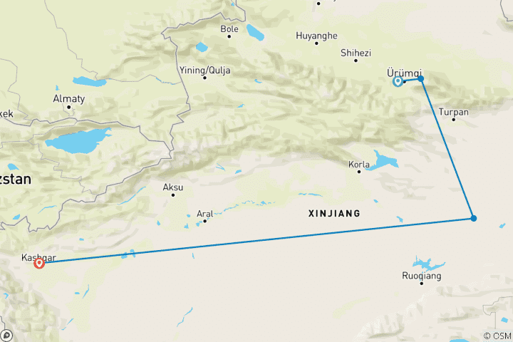 Mapa de Descubre Xinjiang circuito de 7 días: Urumqi, Tianchi, Turpan y Kashgar