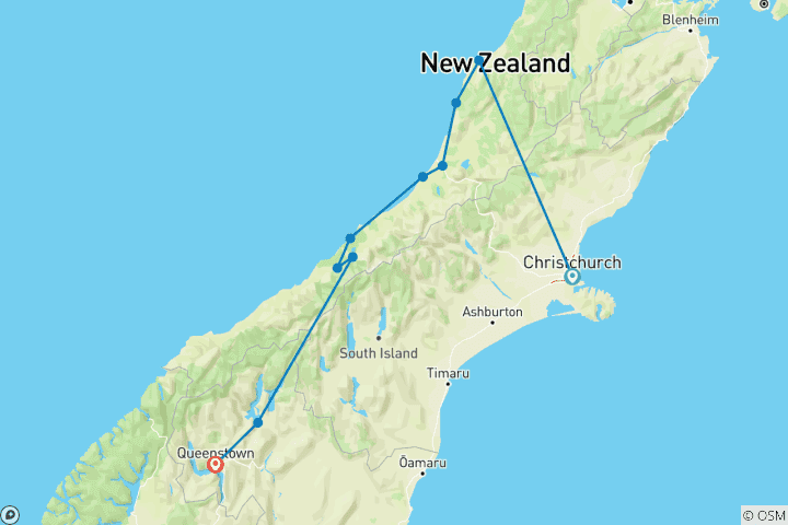 Map of New Zealand West Coast Adventure (10 destinations)