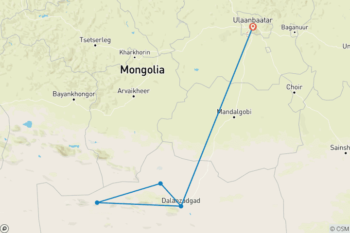 Carte du circuit Circuit personnalisé de 4 jours dans le désert de Gobi en Mongolie avec guide et chauffeur privés