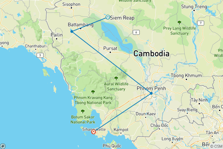 Carte du circuit Vacances familiales sur mesure de 8 jours au Cambodge, départ quotidien et guide privé