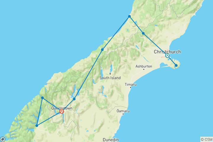 Carte du circuit Vitrine de l'île du Sud 2023