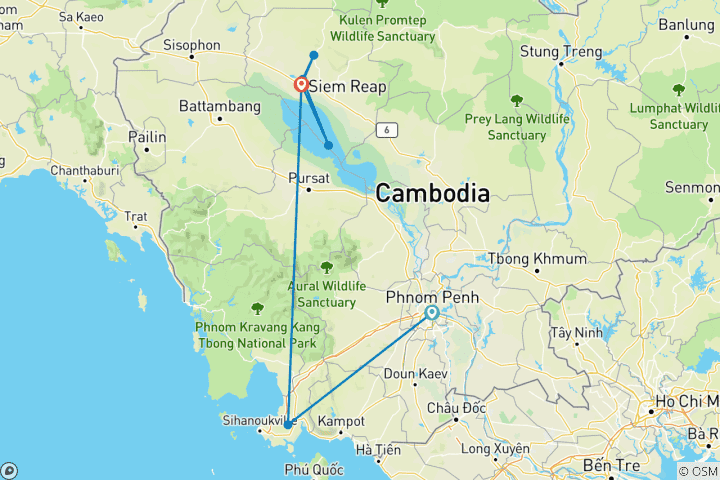 Carte du circuit Vacances familiales personnalisées de 7 jours au Cambodge, voiture privée et départ quotidien