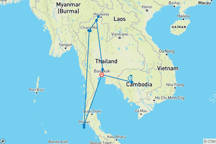Carte du circuit 13 jours de voyage privé sur mesure au Cambodge et en Thaïlande avec départ quotidien