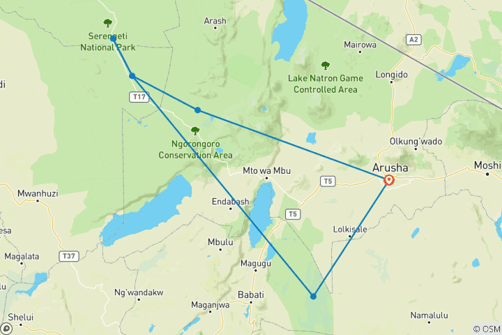 Mapa de 5 días de campamento en Tarangire, Serengeti y cráter del Ngorongoro y visita a los Masai