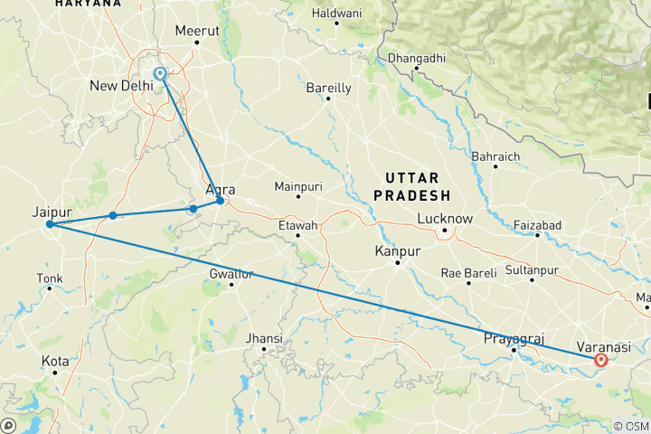 Carte du circuit L'Inde en voiture avec chauffeur - Delhi, Agra, Jaipur, Varanasi ,