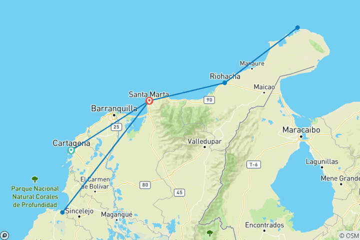 Kaart van Colombiaans-Caribisch Gebied Hoogtepunten 14D/13N