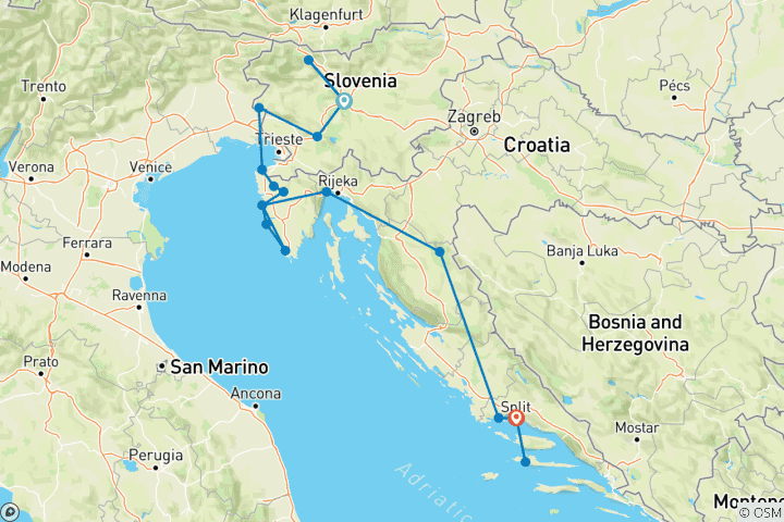 Carte du circuit Privé - Balkan étendu de Ljubljana à Split