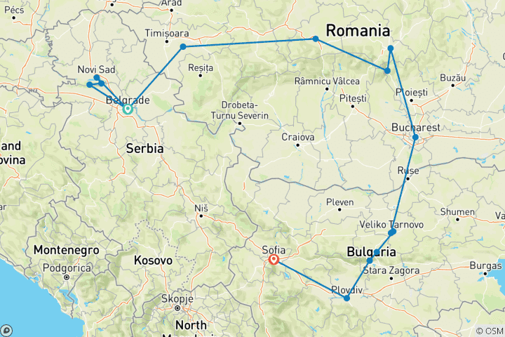 Carte du circuit Privé - Le meilleur de la Serbie, de la Roumanie et de la Bulgarie