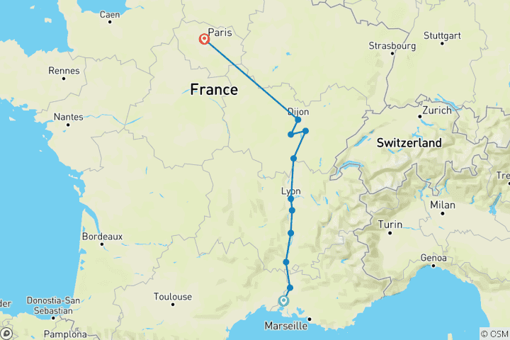 Carte du circuit Bourgogne et Provence avec 2 nuits à Paris pour les amateurs de vin (vers le nord) 2023