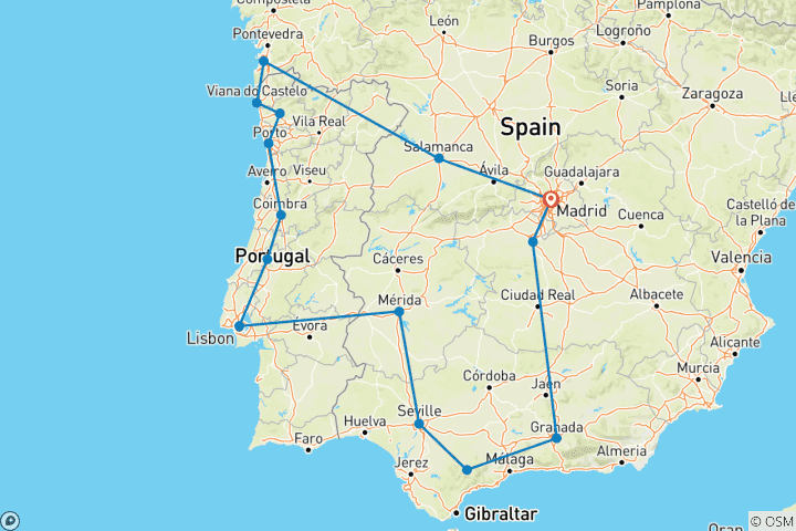 Carte du circuit Découvrez la Castille, la Galice, le Portugal et l'Andalousie - 11 jours