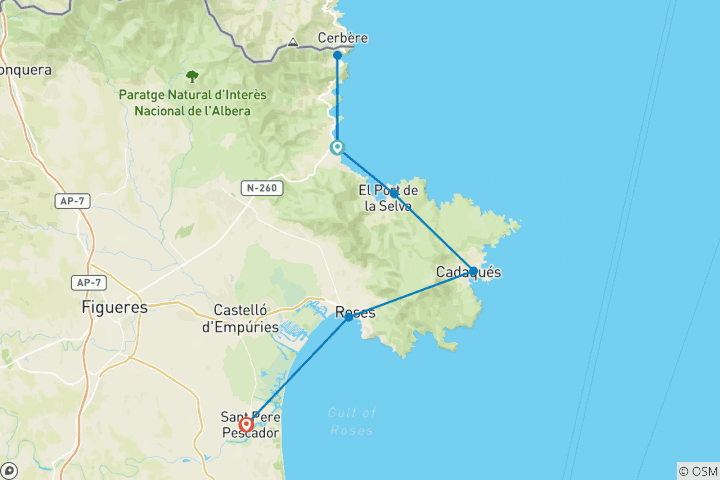 Carte du circuit Le long de la Costa Brava - de Portbou à Sant Pere Pescador (7 jours)