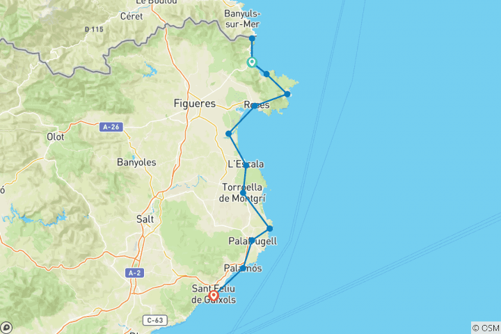 Map of Along the Costa Brava - from Portbou to Sant Feliu de Guixols (13 days)