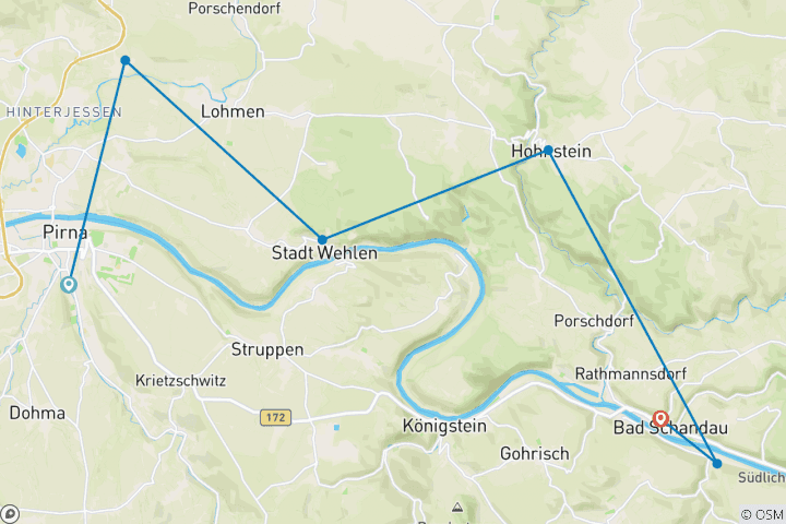 Carte du circuit 8 jours Le sentier des peintres pour les gourmands de Pirna à Räumichtmühle (8 jours)