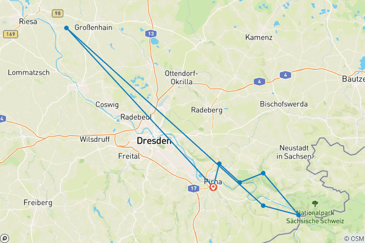 Carte du circuit 10 jours Sentier des peintres en Suisse saxonne Elbsandsteingebirge (10 jours)