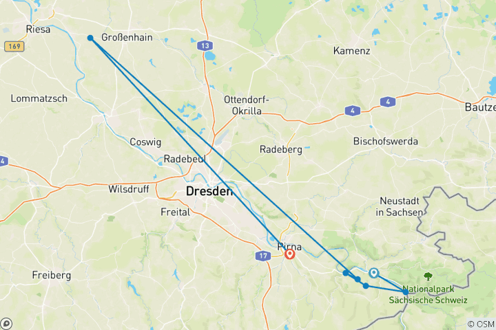 Carte du circuit 7 jours sur le sentier des peintres pour les gourmands de Räumichtmühle à Pirna (7 jours)