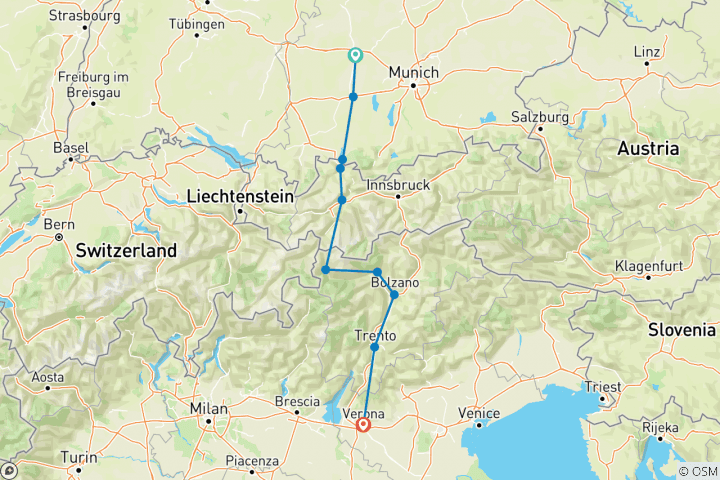 Kaart van Via Claudia Augusta - van Augsburg naar Verona klassiek (12 dagen)