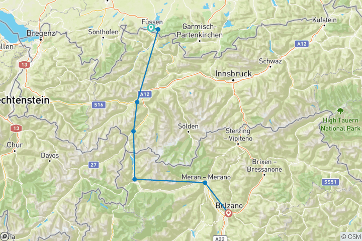 Karte von Via Claudia Augusta - Alpenüberquerung von Füssen nach Bozen sportlich (6 Tage)