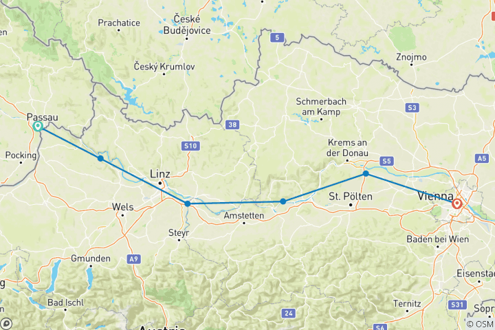 Karte von Donau-Radweg: Von Passau nach Wien 7 Tage (7 Tage)